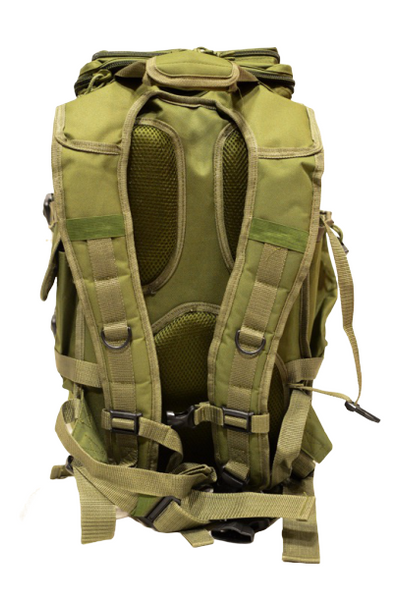 OD green hood-top hiking backpack, back
