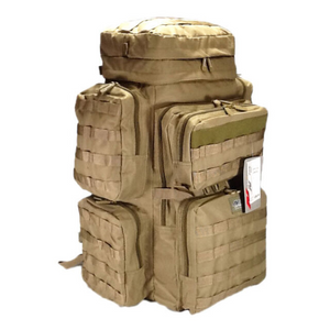 tan tactical backpack, angled view, 30 inches