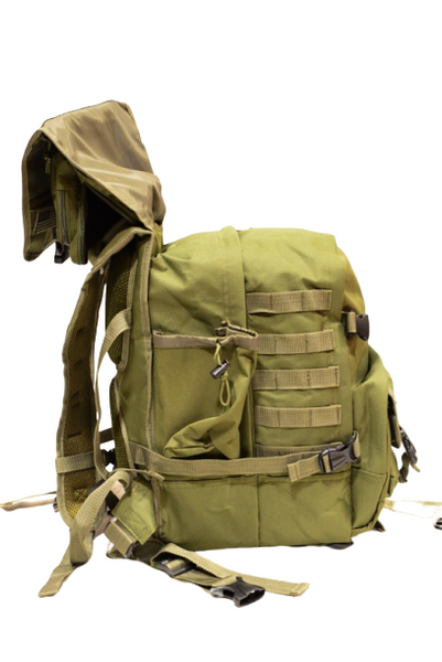 OD green hood-top hiking backpack, side with top up